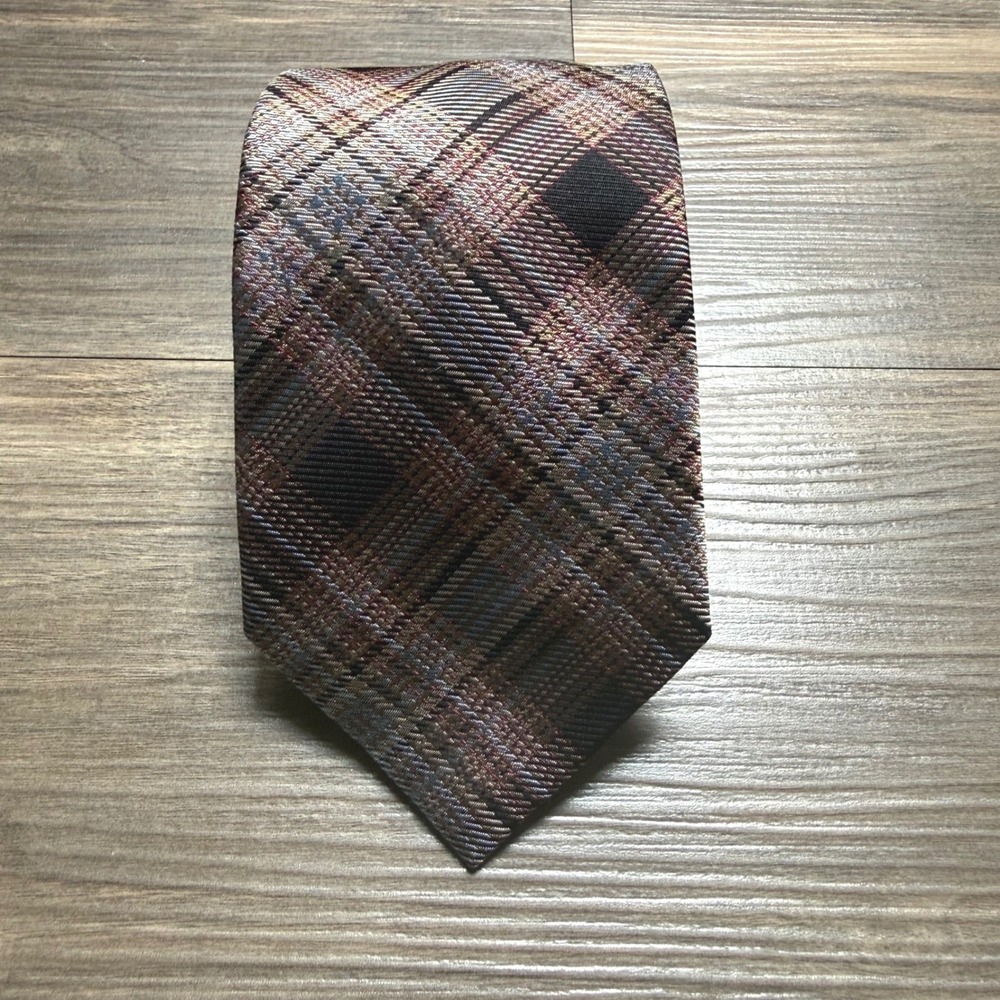 Harold Powell Plaid 100% Silk Tie Mens Brown Woven Necktie